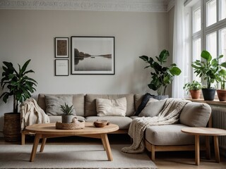 Cozy Scandinavian living room featuring natural materials and minimalist design with potted plants