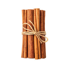 Cinnamon sticks tied with twine, aromatic spice isolated on transparent background