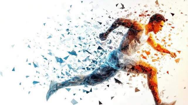 Abstract Digital Illustration of a Male Runner in Motion, Shattered Effect, Representing Speed, Power, and Modern Athleticism on a White Background.