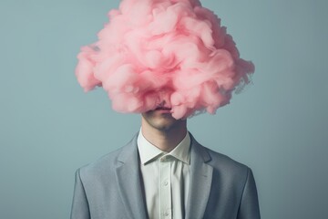 Man wearing a gray suit with a cloud of pink smoke obscuring his head in a minimalistic setting