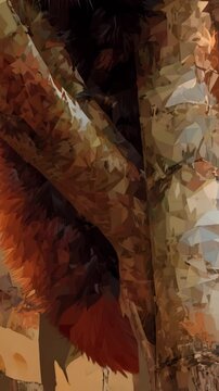 Stylized red panda face illustration climbing among warm colored geometric tree branches, wildlife artwork with polygonal textures