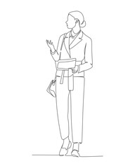 Minimalist Line Art of a Woman Talking While Standing with a Bag and Documents

