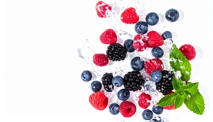 Vibrant Mixed Berries Scattered with Water Splash and Mint on Isolated White Background Scene