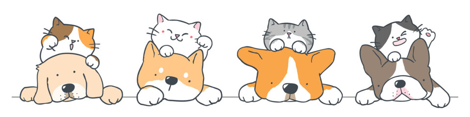 Vector Illustration of Cute Cartoon Dog and Cat Couple Characters on Isolated Background. Hand Drawn Vector Illustration. 