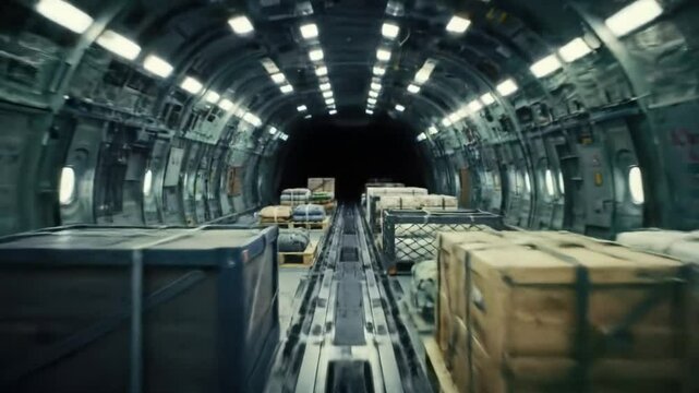 Heavy cargo crates are efficiently loaded onto an aircraft, illustrating the process of air freight transportation in a busy airport environment.