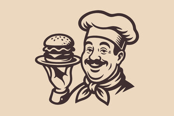 Chef with burger making okay gesture retro vector illustration, logo, emblem