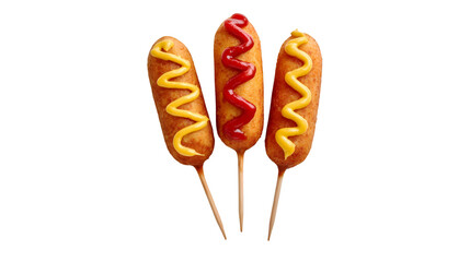 Three corn dogs with ketchup and mustard on a black background