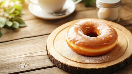 Glazed Donut with Coffee on Wooden Table. A delicious glazed donut sits on a wooden plate beside a cup of coffee on a rustic wooden table with light shining on it.