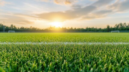 A peaceful sun drenched sports field with lush vibrant green grass and crisp white lines glowing under the warm golden light of a stunning sunset