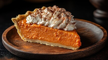 Pumpkin pie slice with whipped cream