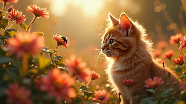 Ginger cat sits among flowers and watches a beetle, curious, in a sunny garden