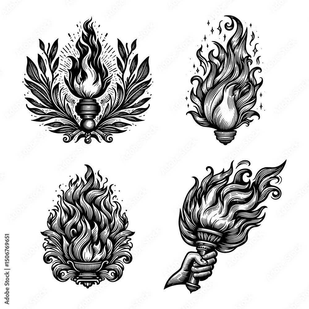 Poster torch illustrations with flames set collection bundle sketch engraving generative ai png illustratio