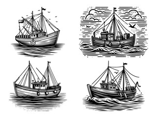 Fishing Boat Set collection bundle sketch engraving generative ai PNG illustration. Scratch board imitation. Black and white image.