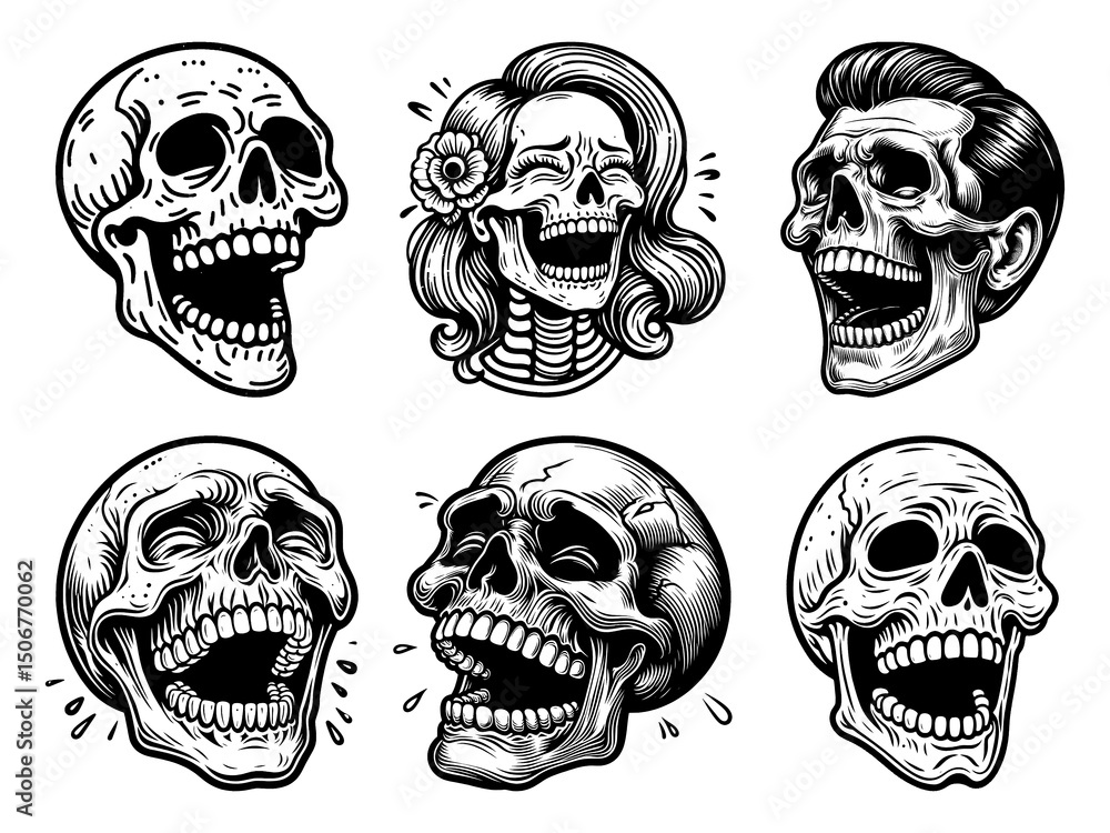 Poster laughing skull set collection bundle sketch engraving generative ai png illustration. scratch board 