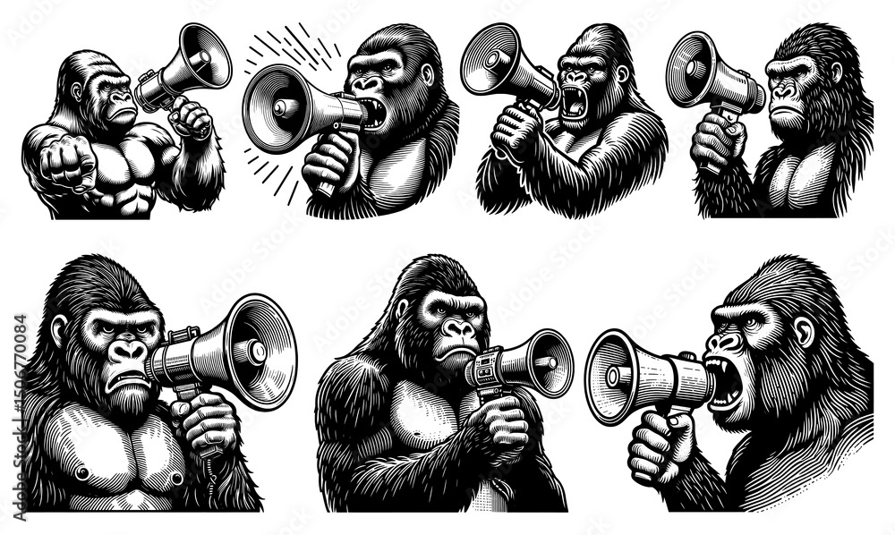 Poster aggressive gorilla shouting into megaphone set collection bundle sketch engraving generative ai png 