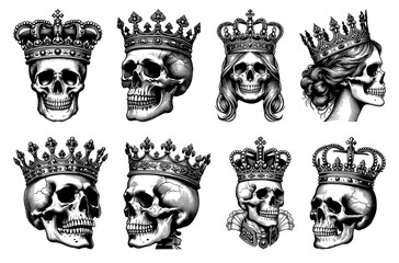 Fototapeta premium Skulls with Royal Crowns Set collection bundle sketch engraving generative ai PNG illustration. Scratch board imitation. Black and white image.