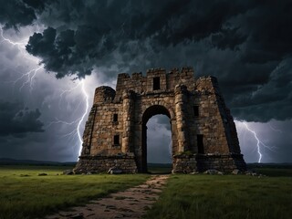 Surreal landscape of a stone archway amidst a violent storm at dusk