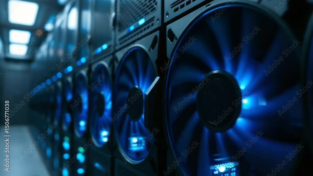 Poster close up angle of server fans spinning with vivid blue cooling leds casting an atmospheric glow in t
