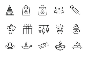 diwali line art icon set
