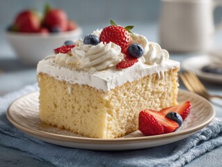 Slice of tres leches cake topped with whipped cream and fresh berries