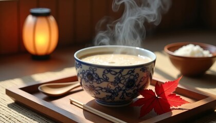 A traditional Japanese hot drink Amazake, served in a small ceramic cup with a blue and white floral design