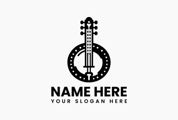 Elegant banjo instrument vector logo in black and white with decorative patterns for music lovers  
