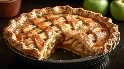 Delicious apple pie with a slice taken out