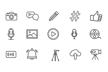 Fototapeta premium Media & Content Creation Line Icon Set – Video, Podcast, Photo & Social UI Elements