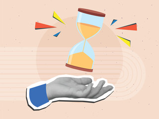 Black and white hand holding a sandglass. Modern collage style. Vector illustration