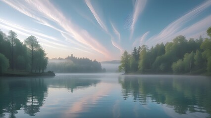 Alfajar sky over a calm forest lake reflecting the pastel hues of early morning light