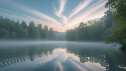 Alfajar sky over a calm forest lake reflecting the pastel hues of early morning light