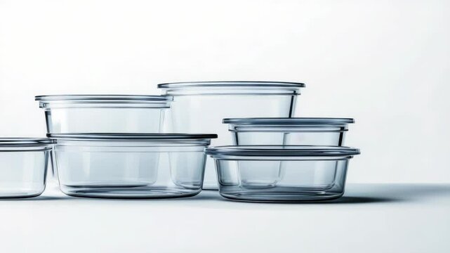 Set of transparent glass food containers with lids, reusable eco-friendly kitchen storage solution for sustainable living and waste-free food organization