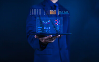 Business analyst using dashboard for data analysis report graph and chart business finance data...
