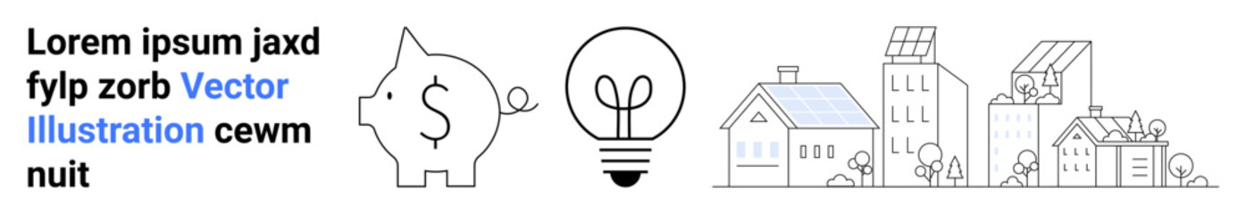 Piggy bank with dollar sign, light bulb with plant sprout, and eco-friendly houses with solar panels. Ideal for finance, sustainability, energy efficiency, eco-living, urban development, innovation