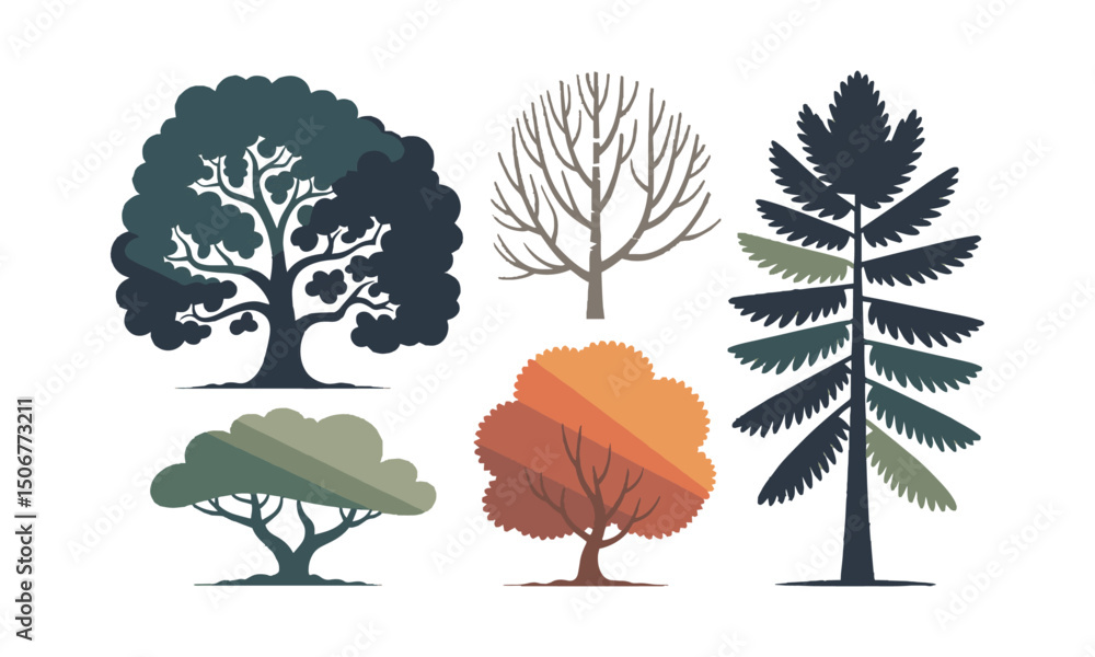 Poster a modern vector-style illustration set of various tree silhouettes, easily scalable and editable.