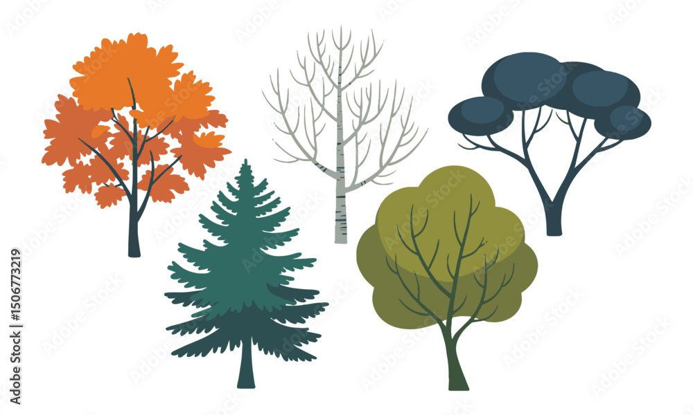 Poster a modern vector-style illustration set of various tree silhouettes, easily scalable and editable.