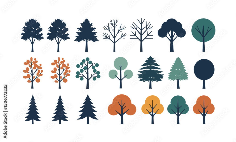 Poster a modern vector-style illustration set of various tree silhouettes, easily scalable and editable.