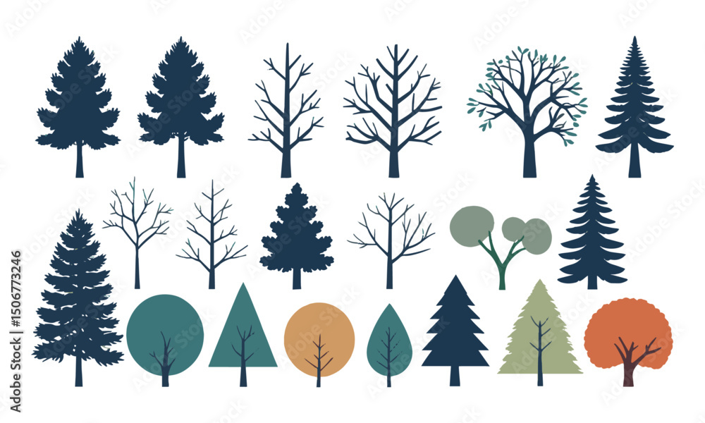 Poster a modern vector-style illustration set of various tree silhouettes, easily scalable and editable.