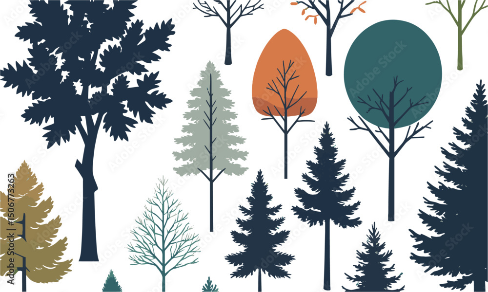 Poster a modern vector-style illustration set of various tree silhouettes, easily scalable and editable.