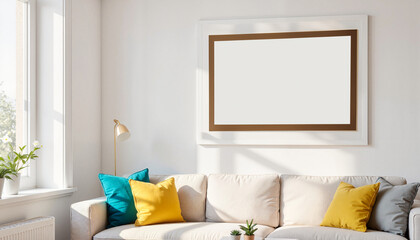 Cozy living room with beige sofa and framed empty poster on the wall  
