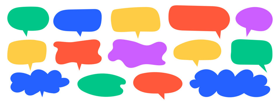 Collection of doodle colorful text boxes, speech bubbles, chat icons