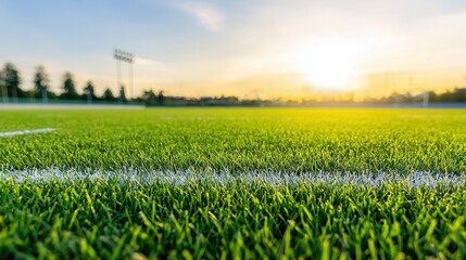 A close up view showcasing the vibrant lush green grass and distinct striped pattern of an maintained sports field offering a sharp and visually striking perspective