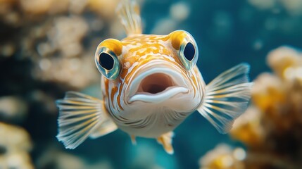 Obraz premium Colorful fish swims gracefully in a clear ocean environment near coral reefs during a bright sunny day