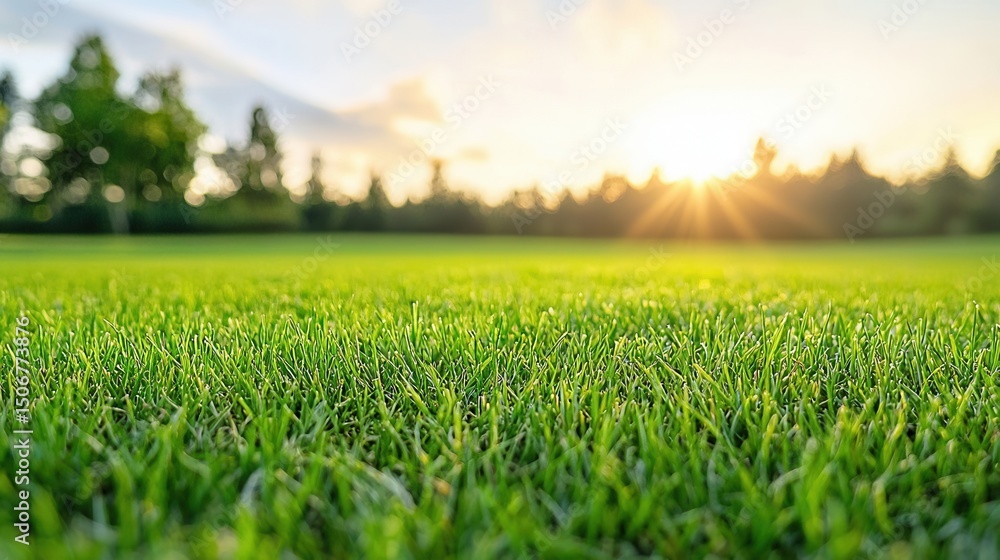 Poster a lush vibrant green grass field with sharply defined edges and a stark white background creating a 