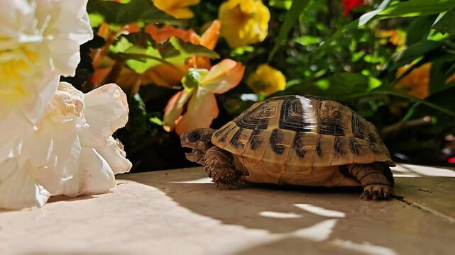 A yawning Hermann's tortoise visits a spring garden, resting among blooming begonias in the sunlight &mdash; a rare close-up of the peaceful reptile's natural behavior