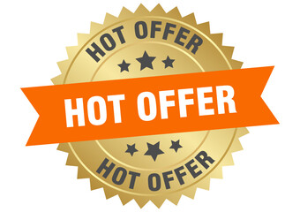 hot offer. hot offer round orange and gold label isolated on transparent background