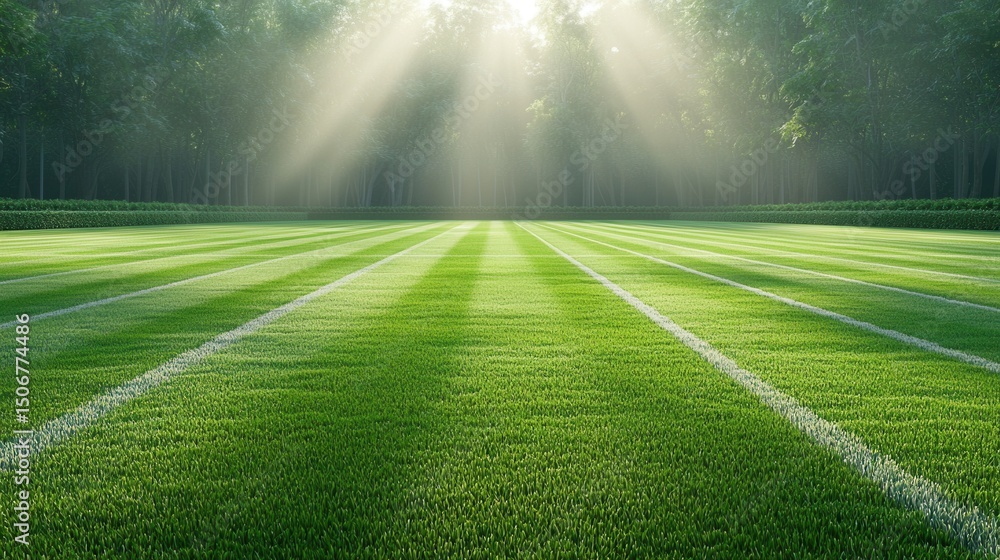 Poster a lush green sports field with vibrant white lines running across the surface creating a visually st