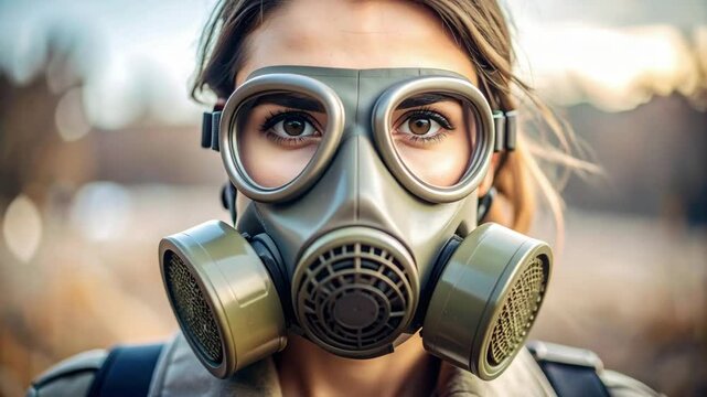 Woman wearing protective gas mask for face protection against air quality pollution, safety equipment for respiratory protection outdoors
