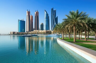 Fototapeta premium Coastal city skyline reflected in calm water