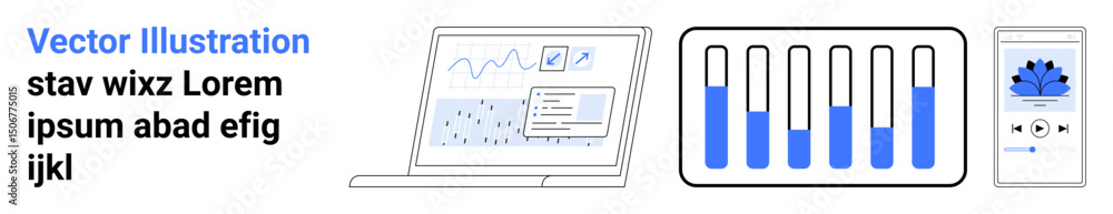 Poster laptop screen with charts, bar graph interface, and smartphone playing audio. ideal for analytics, d